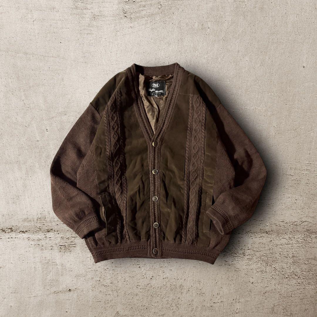 vintage起毛ニット切替カーディガンジャケット短丈グランパCBOYブラウンL
