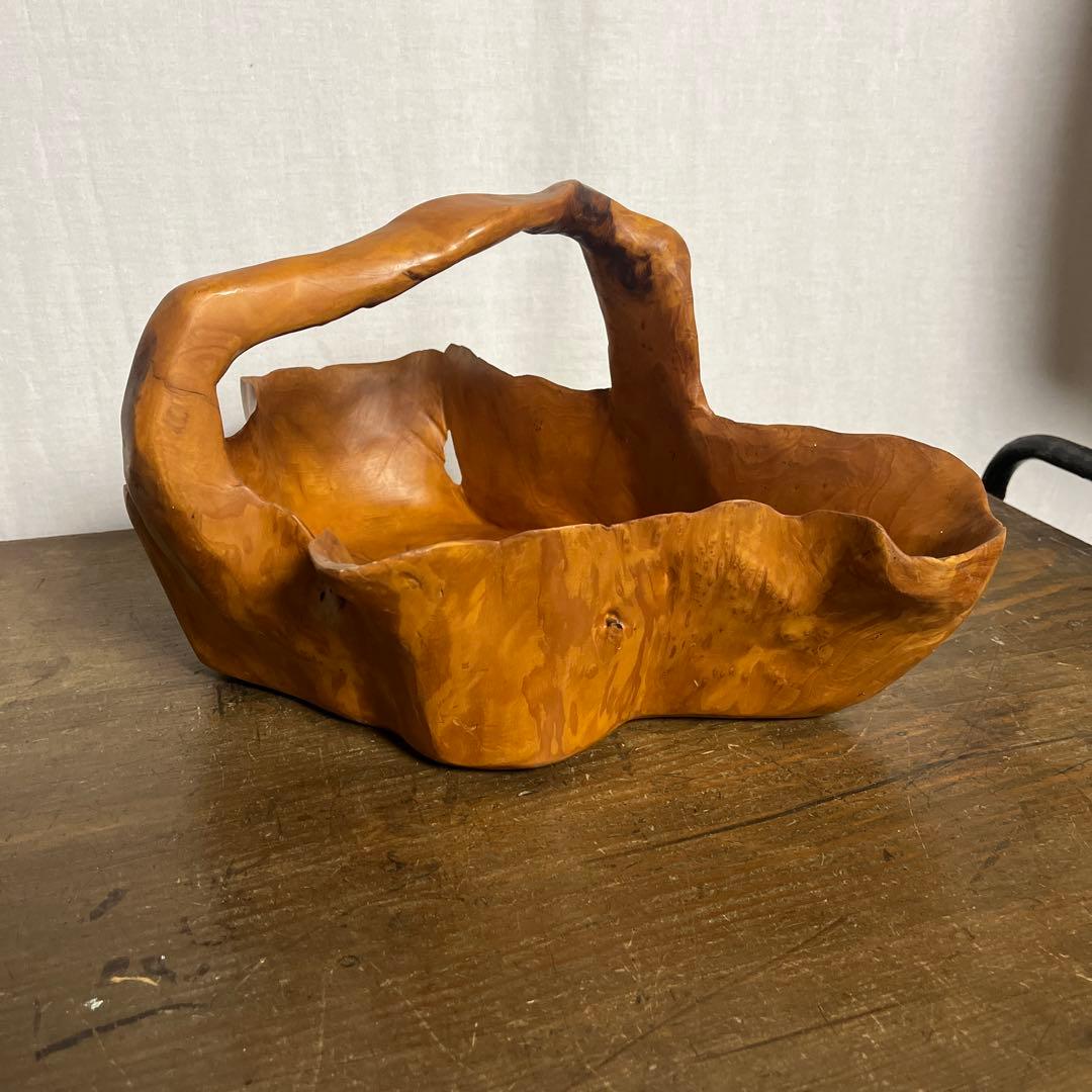 古雑貨 天然木◼︎くり抜き カゴ 鉢カバー バスケット 工芸品 ディスプレイ