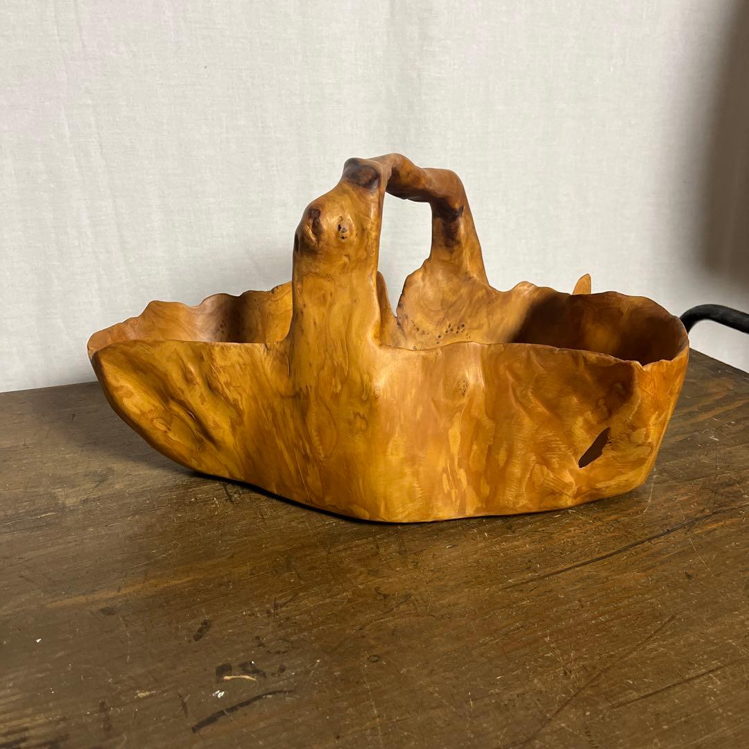 古雑貨 天然木◼︎くり抜き カゴ 鉢カバー バスケット 工芸品 ディスプレイ