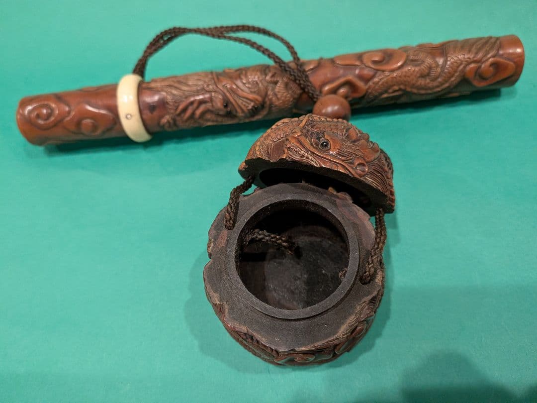 双龍彫刻 柘植製矢立、墨入れセットA3、日本製携帯用墨壺と筆入れセット、希少品、