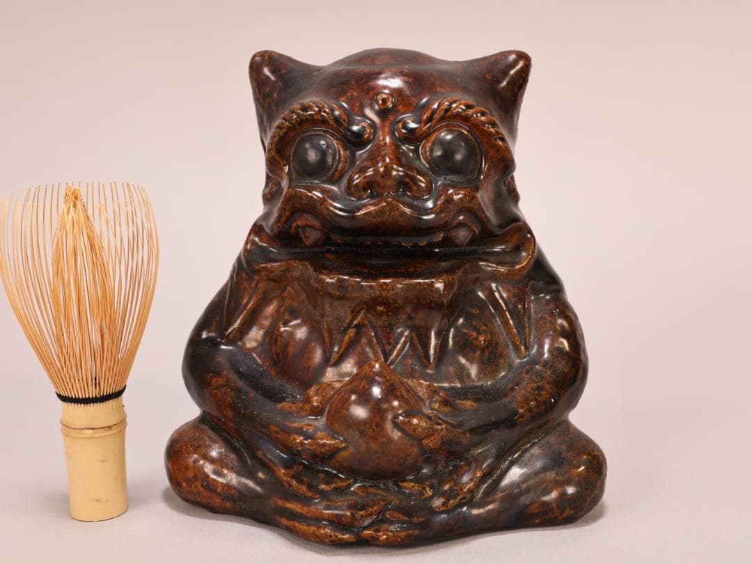 BK400　江戸期　古瀬戸焼　在銘あり　飴釉薬　鬼置物　魔除　風水