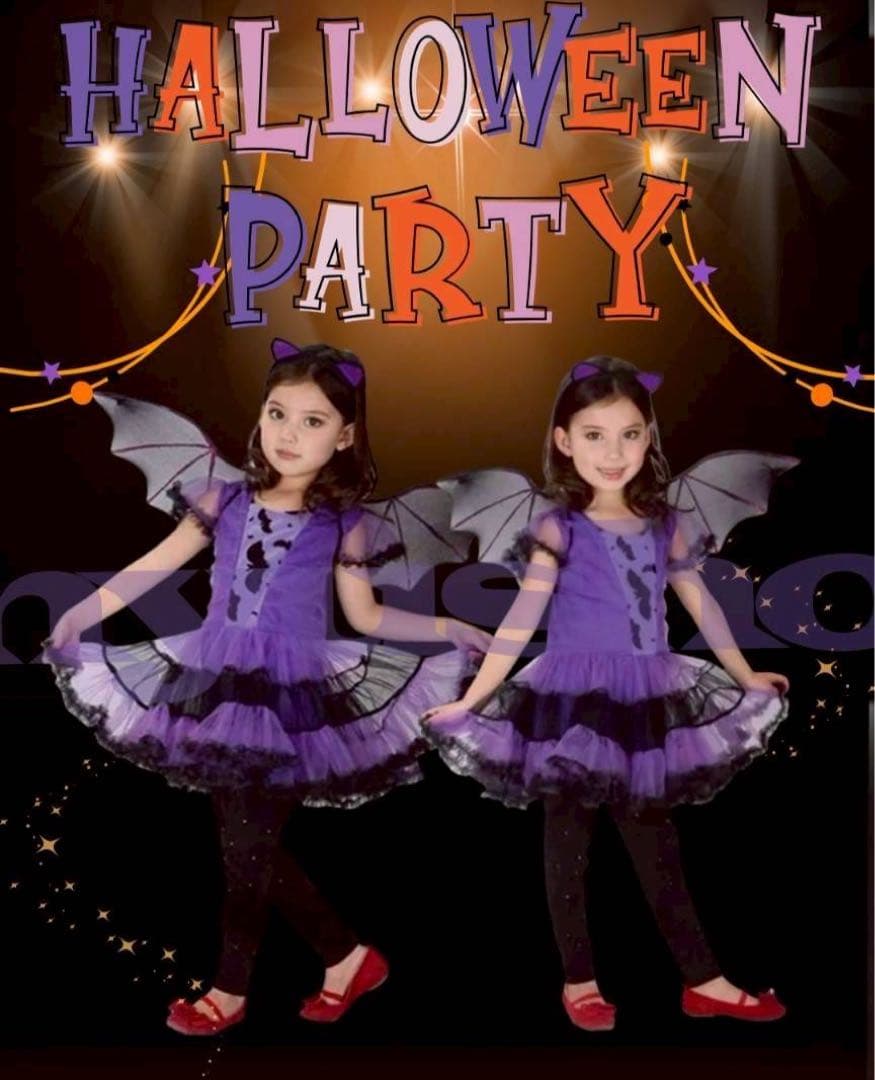 新品】110 小悪魔　ハロウィン コスプレ 女の子 魔女 キッズ　紫　コウモリ