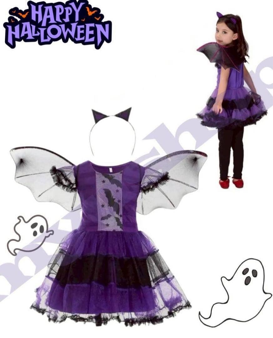 新品】110 小悪魔　ハロウィン コスプレ 女の子 魔女 キッズ　紫　コウモリ