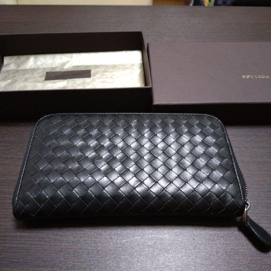 ラ*0様 BOTTEGA VENETA ブラックレザーラウンドジップ長財布