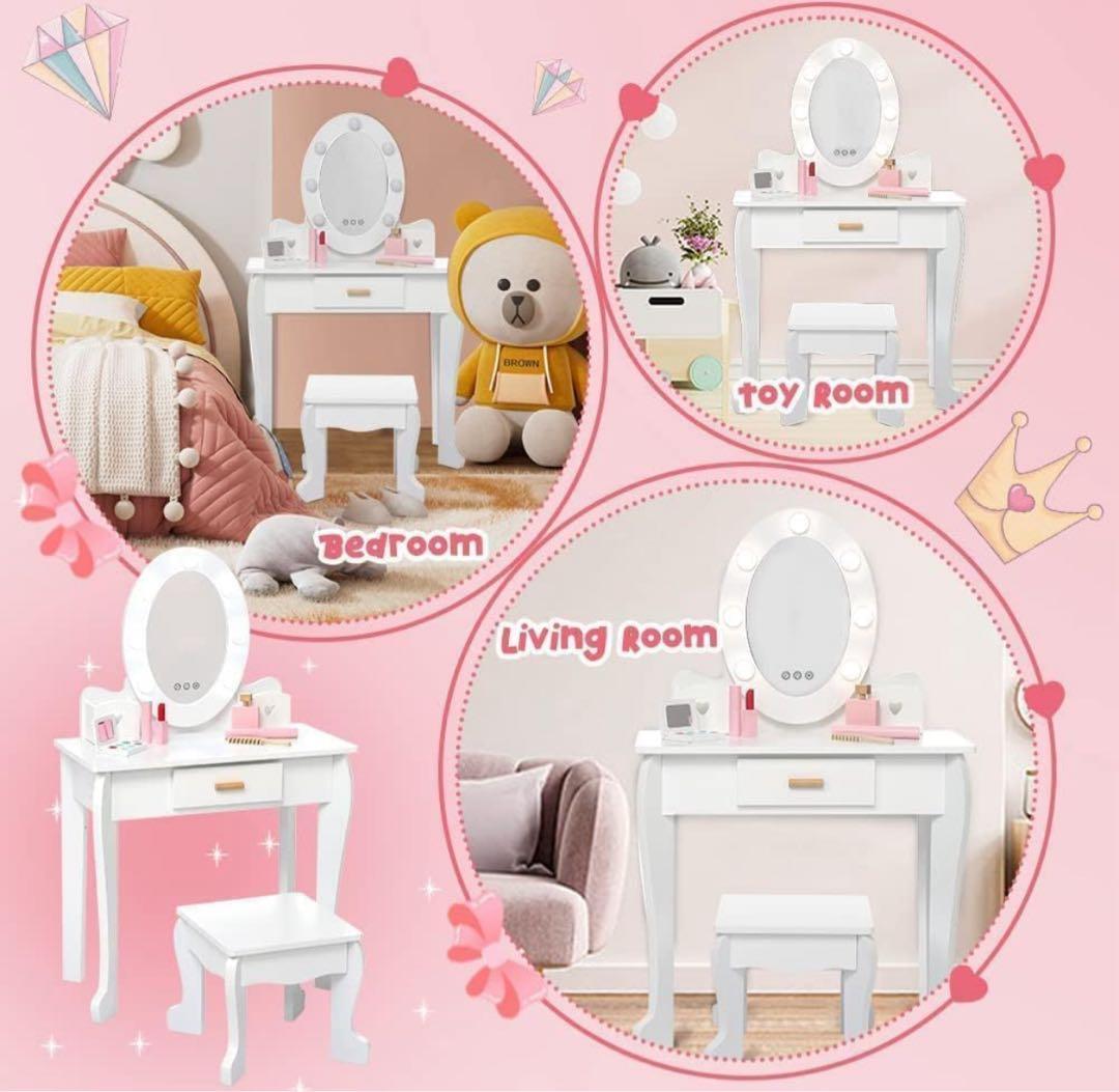 Thinkmax 子供ドレッサー おままごと　椅子付き LEDライト ホワイト