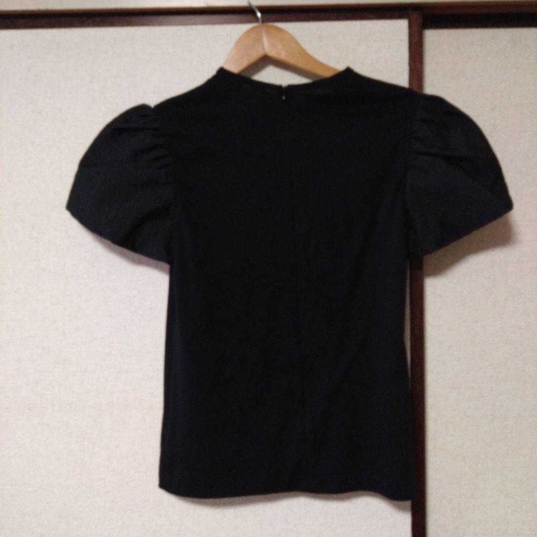 ボーダーズアットバルコニー　黒 フラワージャガードパフスリーブ Tシャツ