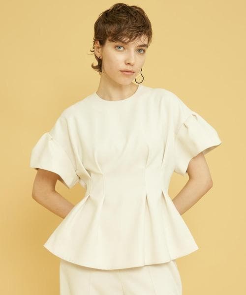 美品 ランバンオンブルー 2万 ペプラムブラウス ホワイト ギャザーブラウス