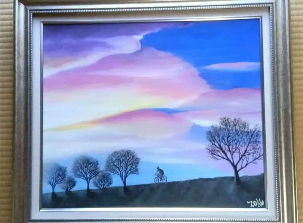 油彩画 題名「春夕焼の向こうへ」額縁付F10号