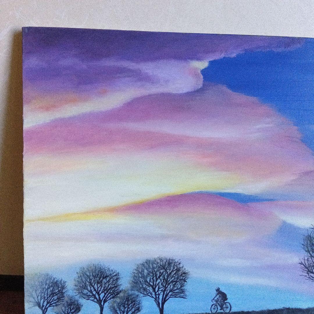 油彩画 題名「春夕焼の向こうへ」額縁付F10号