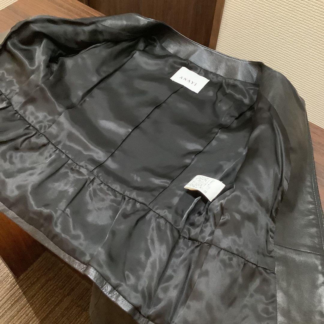 ANAYI ノーカラー ペプラム ライダースジャケット 羊革 黒 38