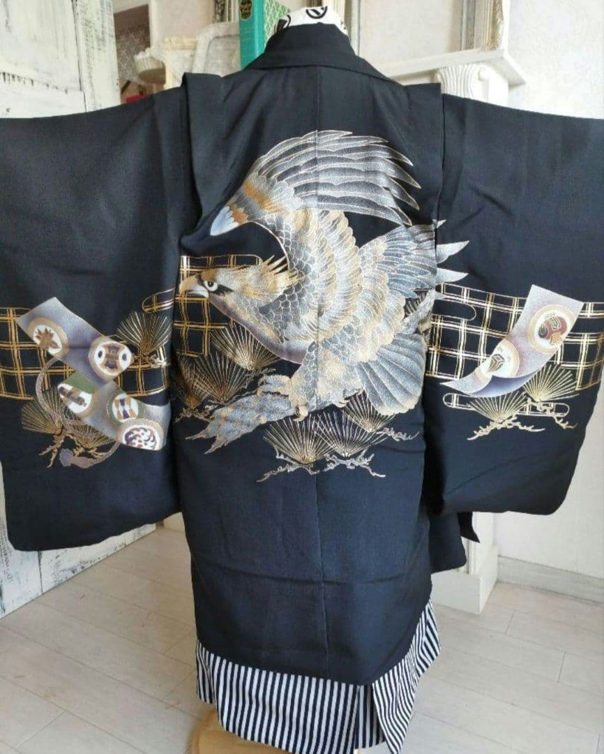 ☆七五三5歳着物セット☆漆黒の黒に金の鷹