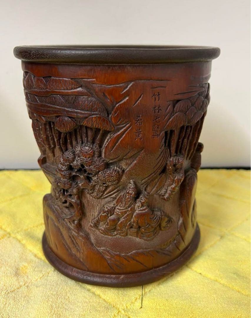 文房具 竹彫筆入 宋時代【竹林七賢希黄】