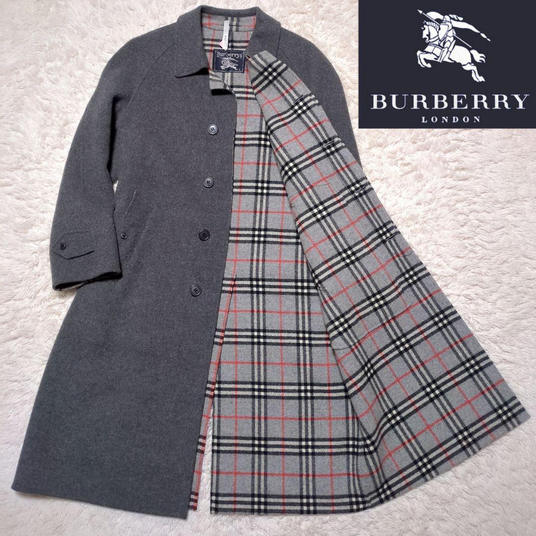 美品！バーバリー　ウールロングコート　L　裏地ノバチェック　グレー　ベルト付き
