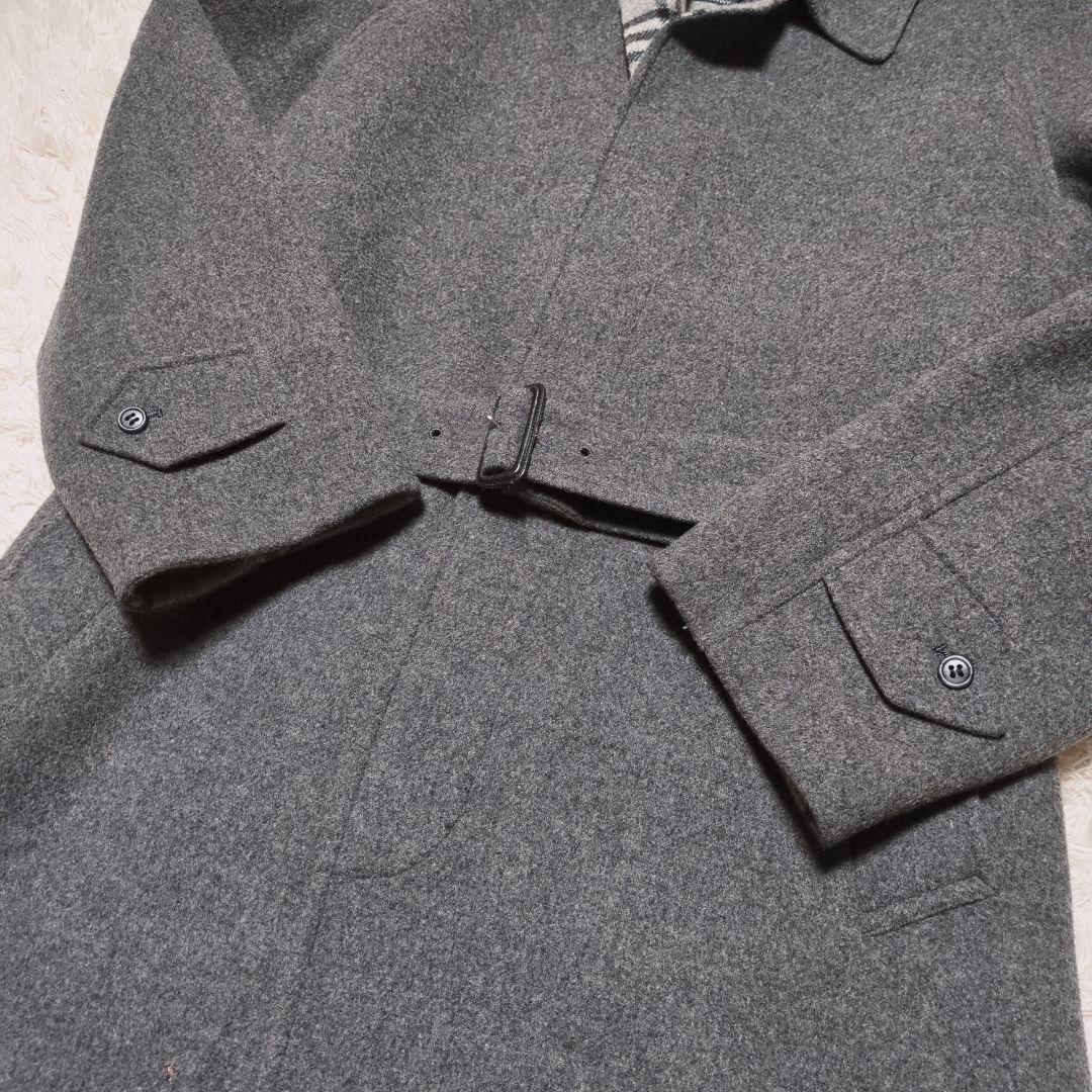 美品！バーバリー　ウールロングコート　L　裏地ノバチェック　グレー　ベルト付き