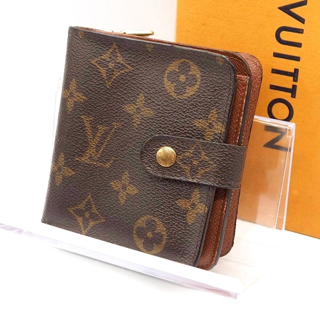 ルイヴィトン モノグラム コンパクトジップ 二つ折り財布 ブラウン 茶