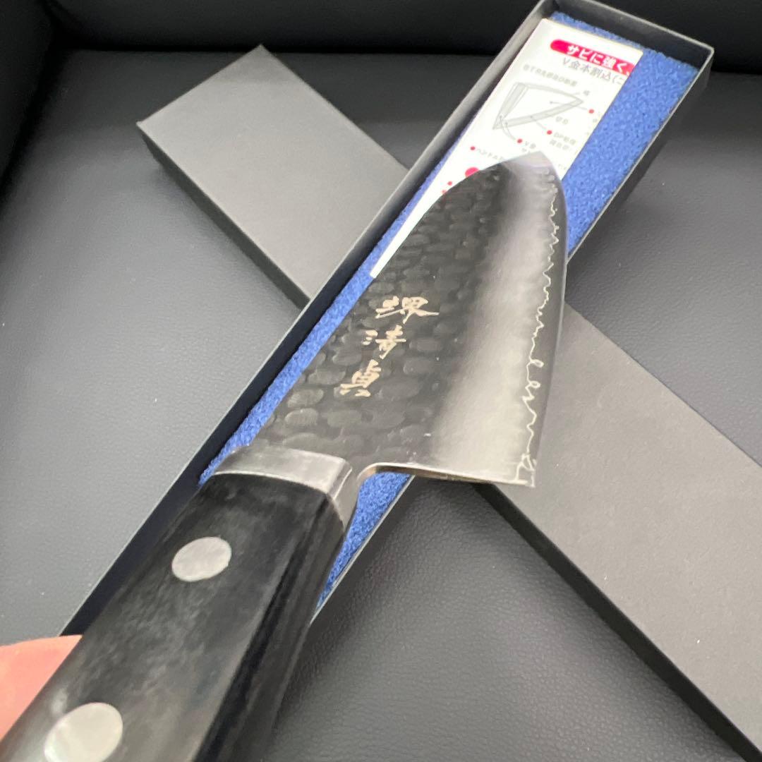★新品未使用送料込★鎚目鍛造ゴールド鋼本割込三徳包丁165mm口金付両刃化粧箱入
