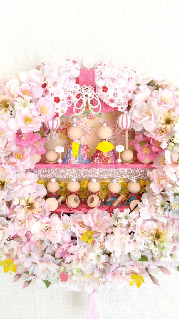 ♡豪華♡ ひな祭り フラワーリース ♡ 桜リース ♡ウッドビーズ＆桜 ♡大きめ♡