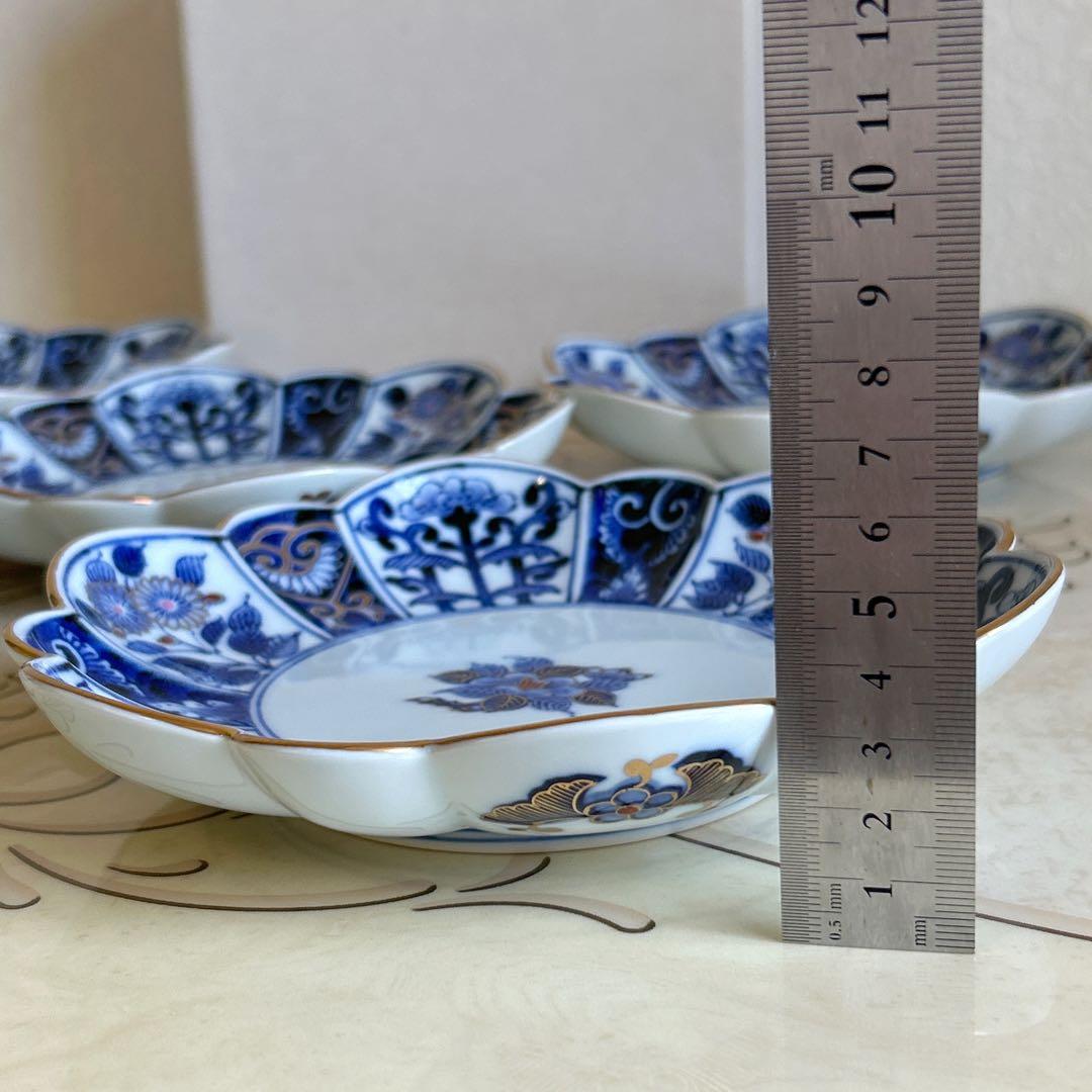 高級美術　有田焼　菊割皿　5枚セット　古伊万里　染付花紋　金彩　中皿　和皿輪花皿