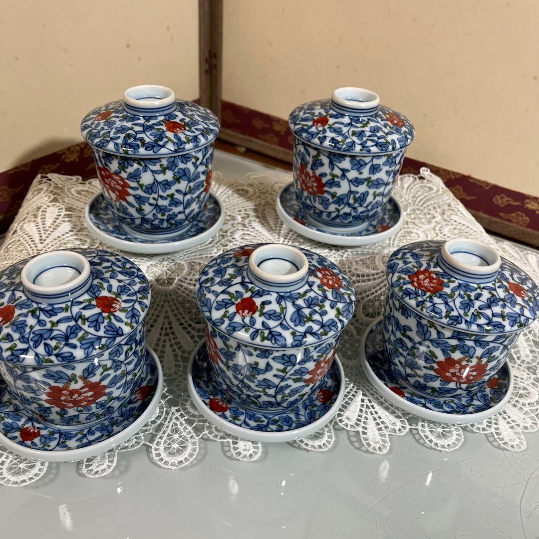 源右衛門　唐草牡丹　蒸し茶碗5客（H）