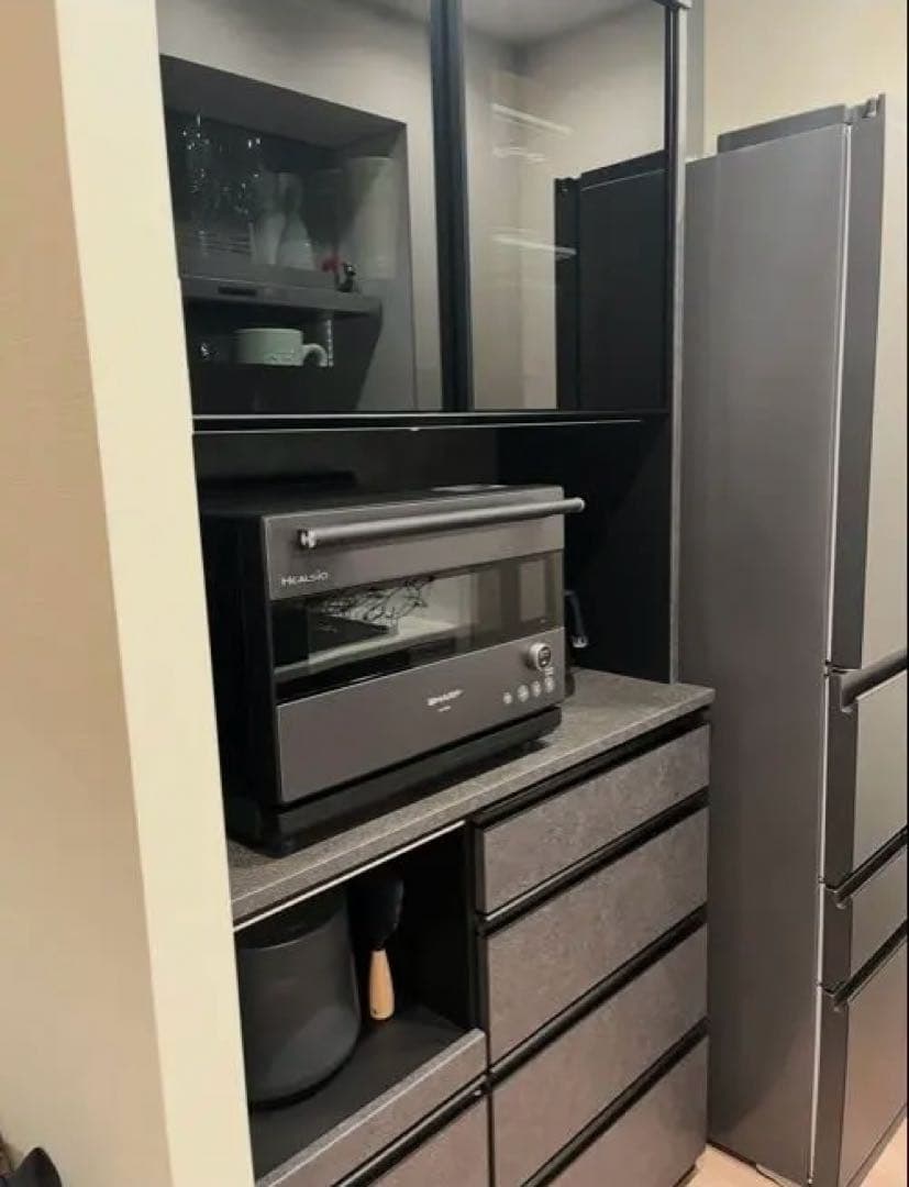 極美品 大川家具 キッチンボード 食器棚 グレー モダン ドイツ製メラミン