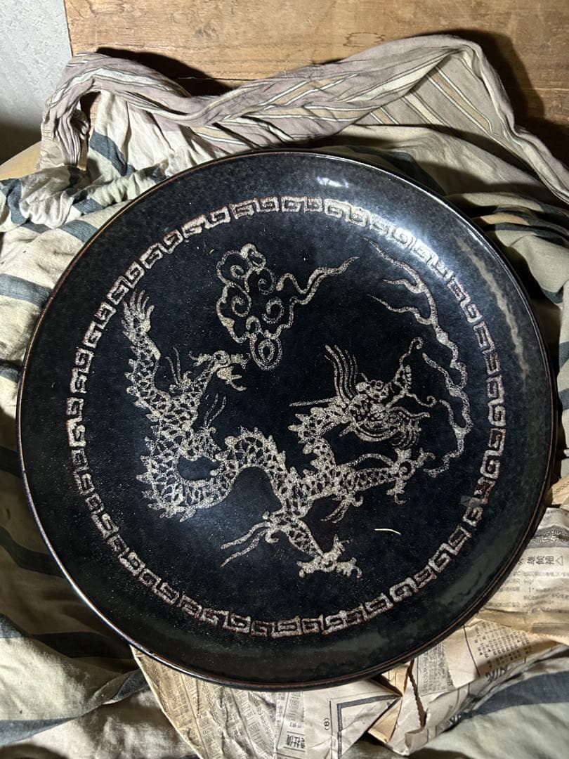 中国古美術 宋時代吉州窯黑釉龍紋皿共箱