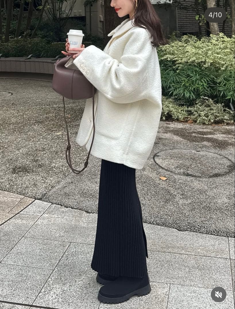 hinari ステンカラーシャギーミドルコート　ホワイト