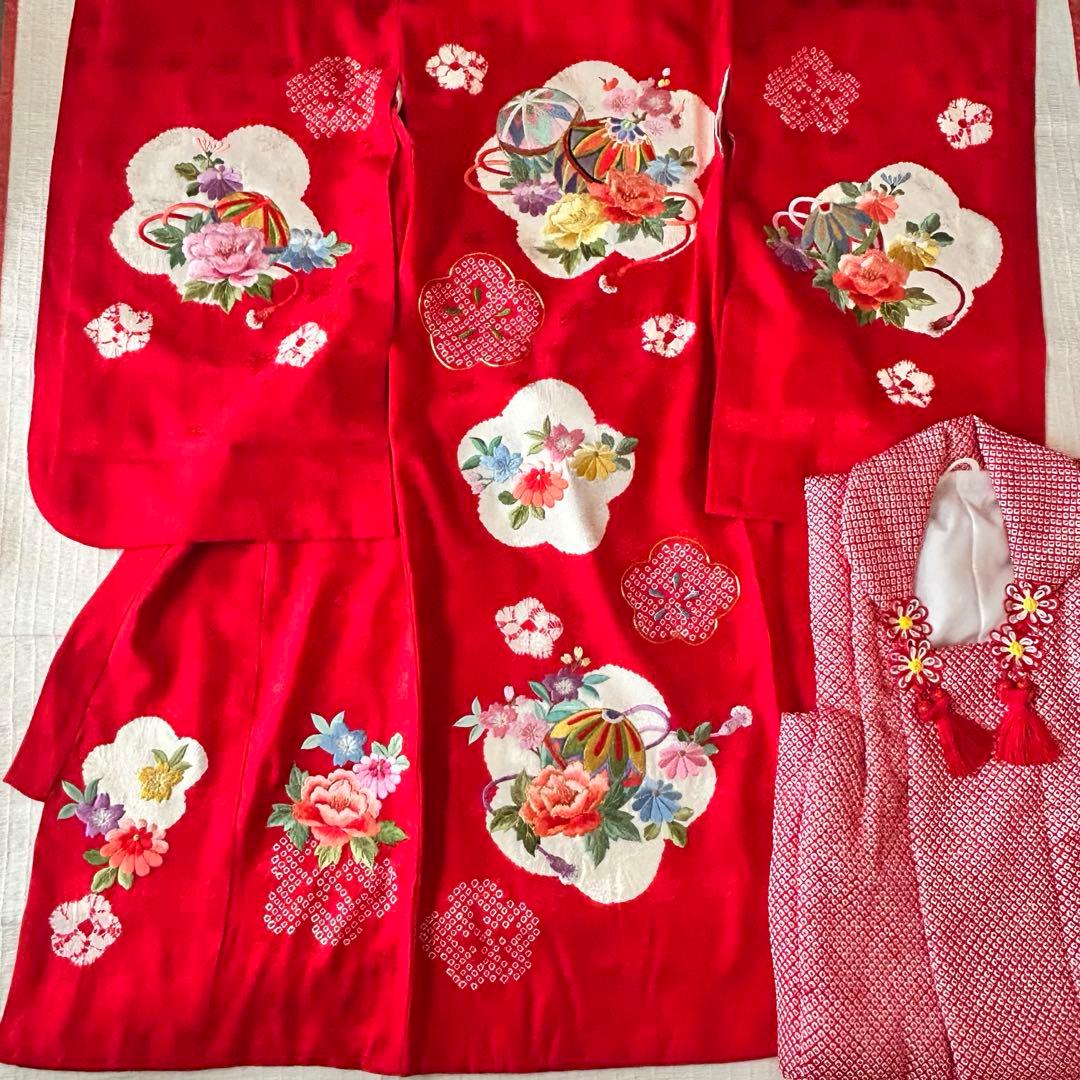 七五三 3歳 フルセット 着物 正絹 総絞り 被布 刺繍 三歳 赤 草履 753