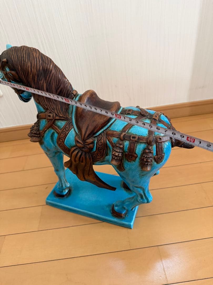 青い陶器製馬の置物 約41cm 縁起　戦馬