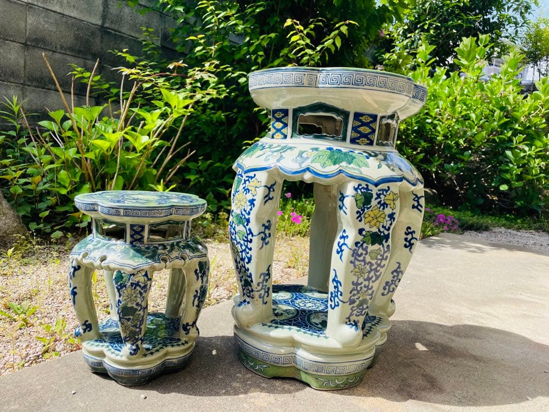 陶器/スツール/ガーデンチェア/椅子/花台/飾台/【大・小】2点セット