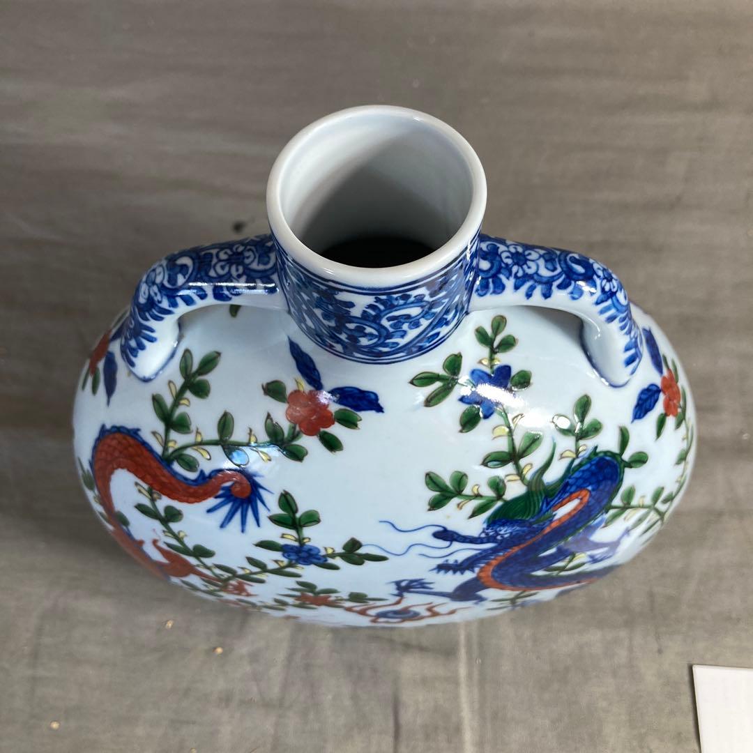 【源右衛門】古伊万里の伝統　日本の名窯　舘林源右衛門作　染錦万暦双龍絵　扁壺