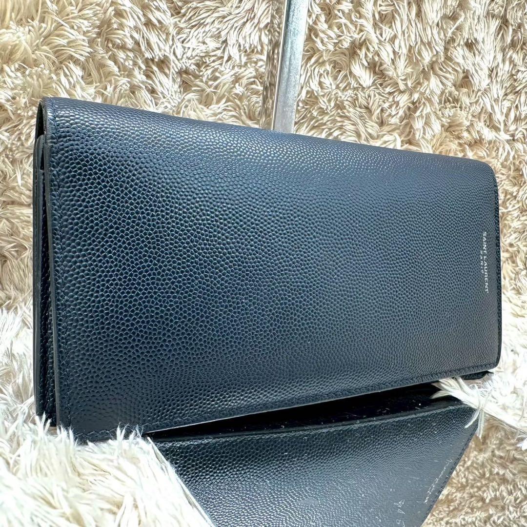 【美品】サンローラン 長財布 二つ折り財布 ブラック キャビアスキン メンズ