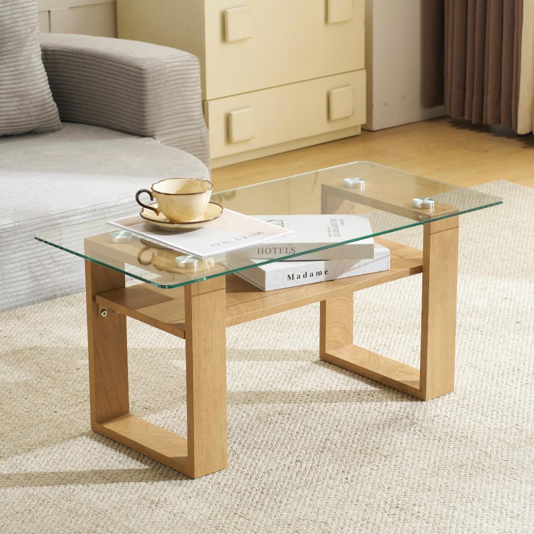 ガラステーブル ローテーブル 幅80x奥40x高38.5cm 組立簡単ナチュラル