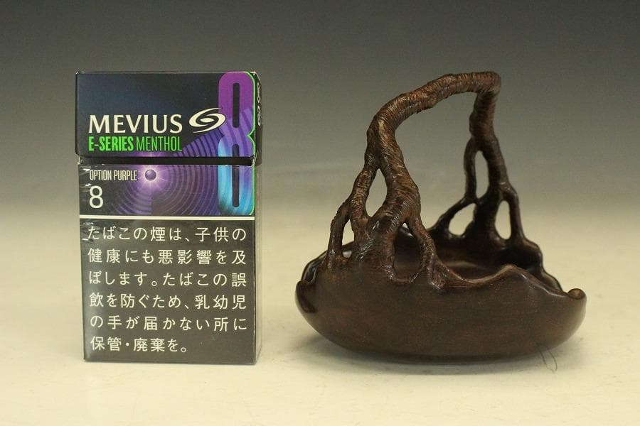 紫檀 刻 手付 皿 文房四宝 卓上飾 高9.4cm(HA491)