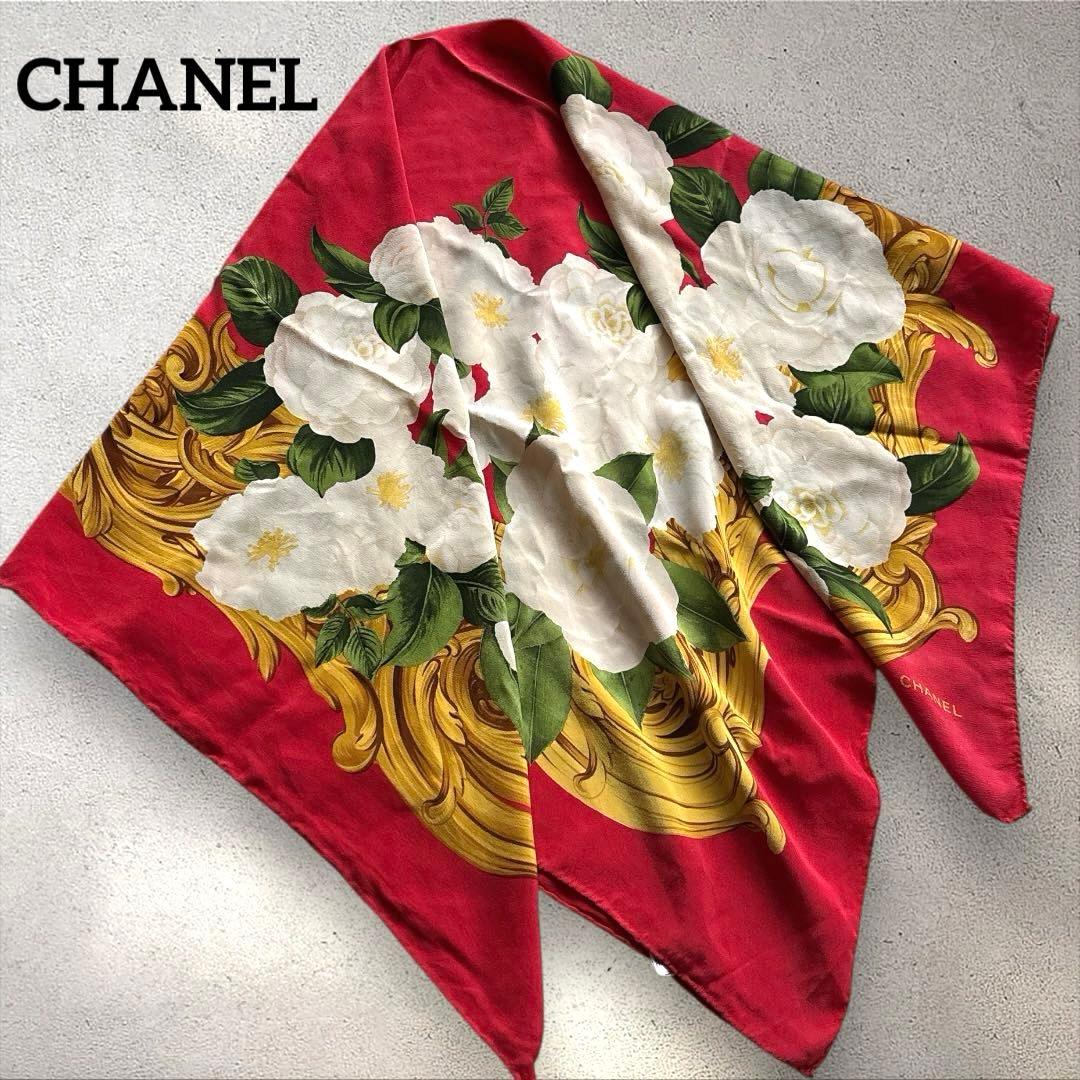 CHANEL✨シルクスカーフ カメリア柄 赤×ゴールド　ヴィンテージ