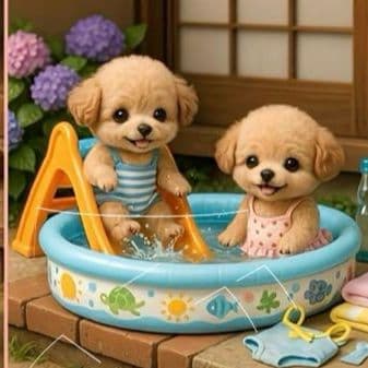 プールに入る柴犬、ポメラニアン、マルチーズ、トイプードル、シーズ、チワワ