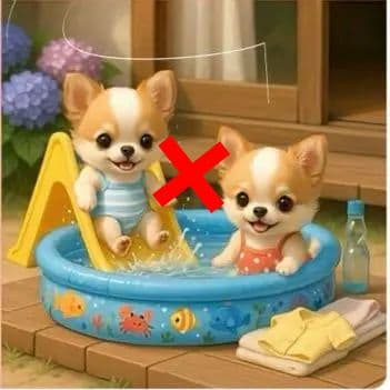 プールに入る柴犬、ポメラニアン、マルチーズ、トイプードル、シーズ、チワワ