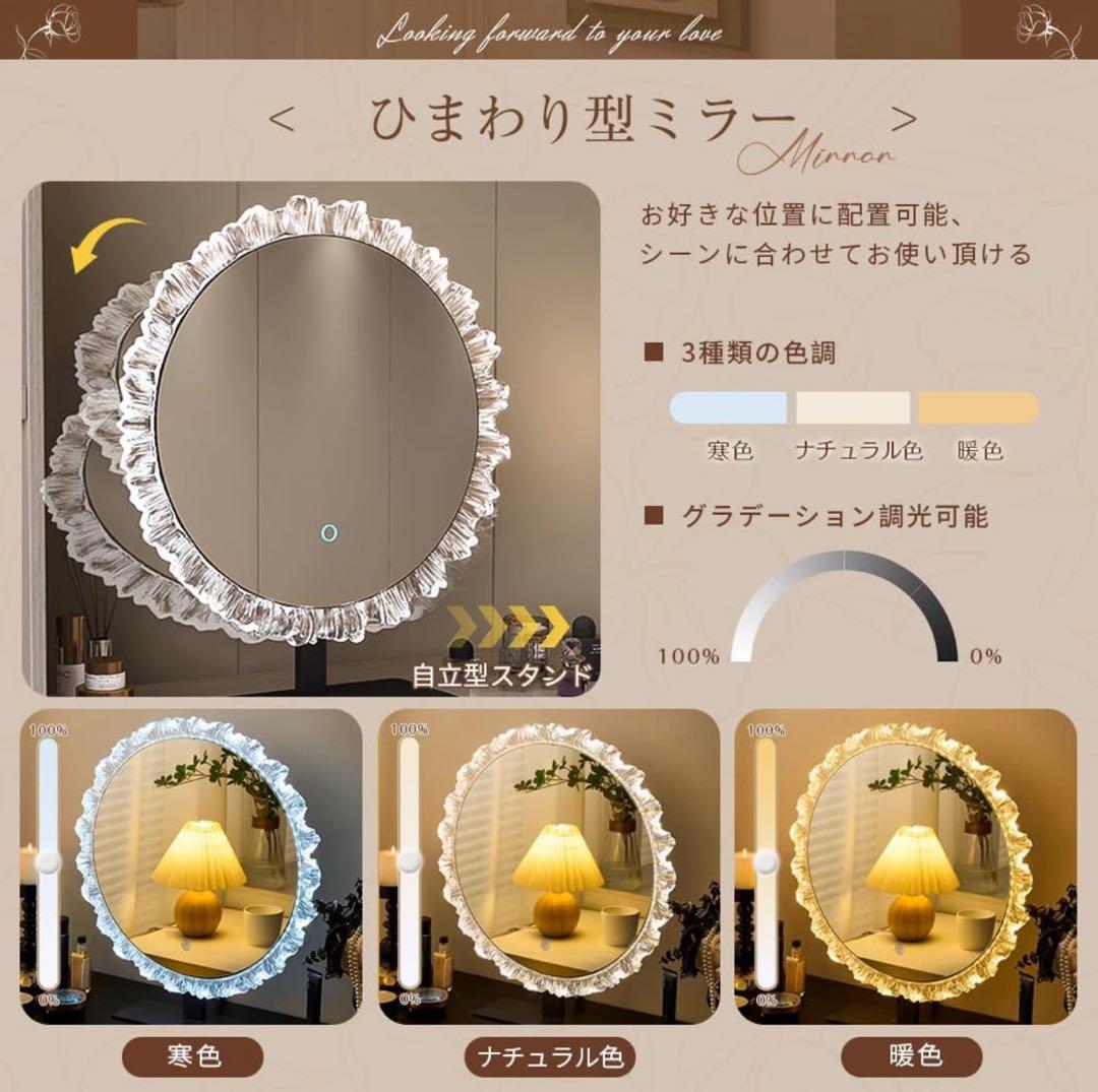 数限定！ドレッサー LEDミラー付き おしゃれ 80cm幅員 鏡台 スツールなし