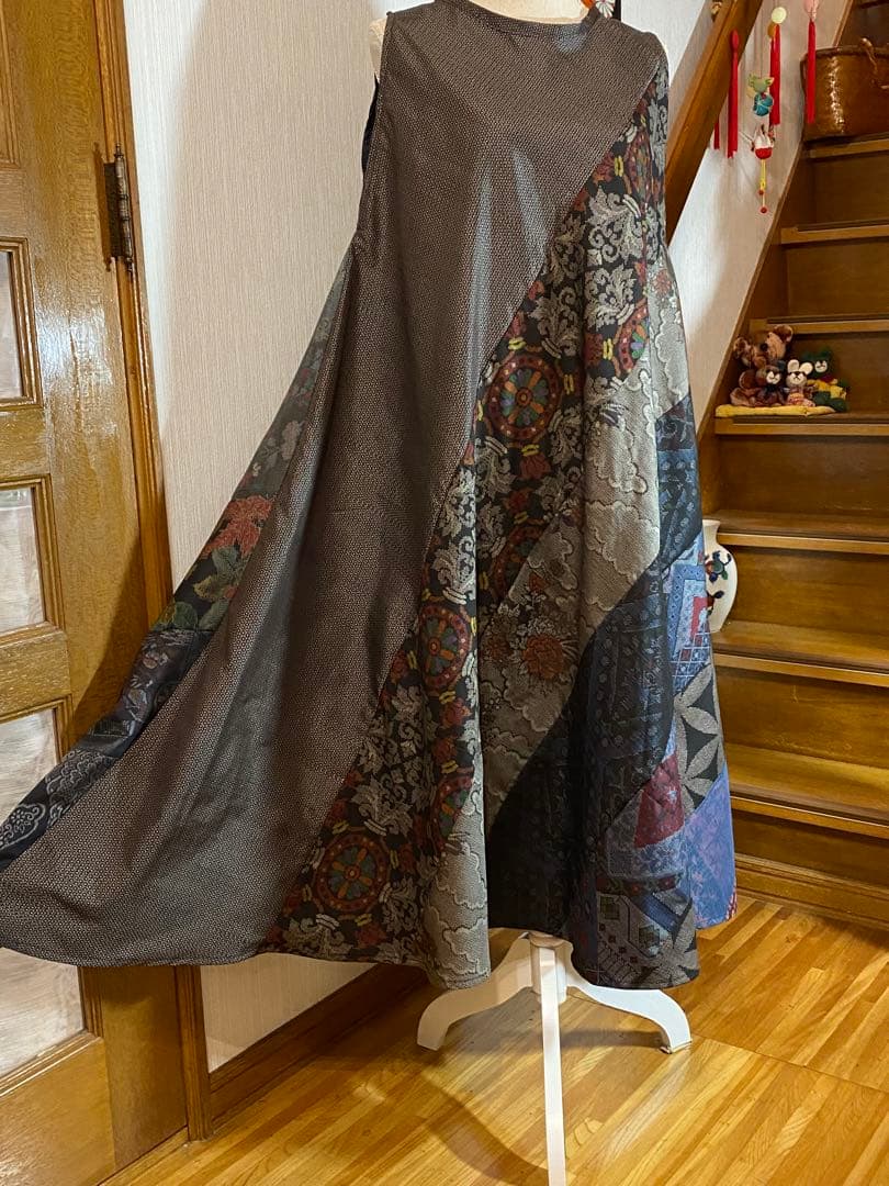 大島紬着物リメイクテントラインワンピース