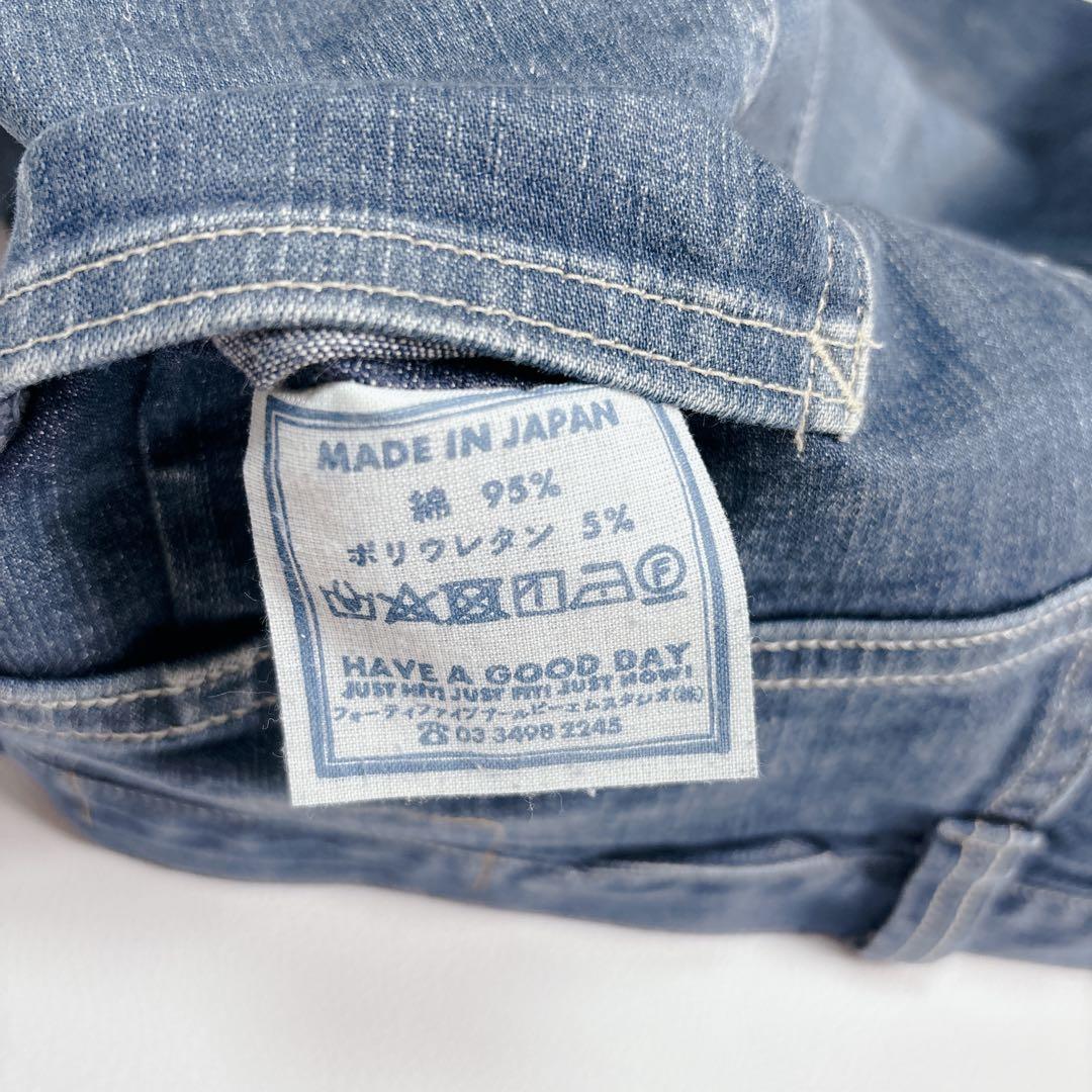 45R ライ麦デニムストレッチの桃比女 ロゴ刺繍 ロゴボタン インディゴ L