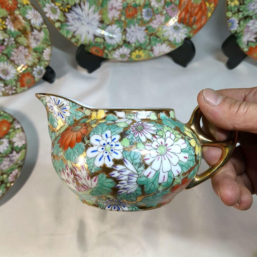 中国　大清乾隆年製　金彩花詰　大皿１枚　中皿６枚　ポット１個　骨董　アンティーク