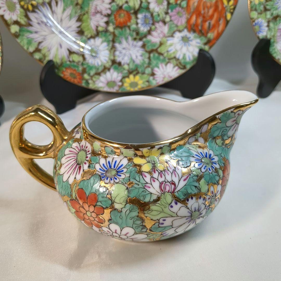 中国　大清乾隆年製　金彩花詰　大皿１枚　中皿６枚　ポット１個　骨董　アンティーク