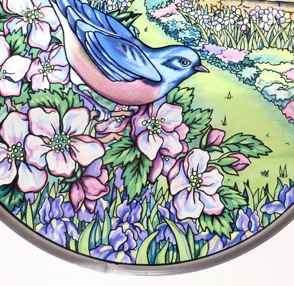 青いハチドリ パステルカラー ヴィンテージ ステンドグラス 鳥 ピンクの花畑風景