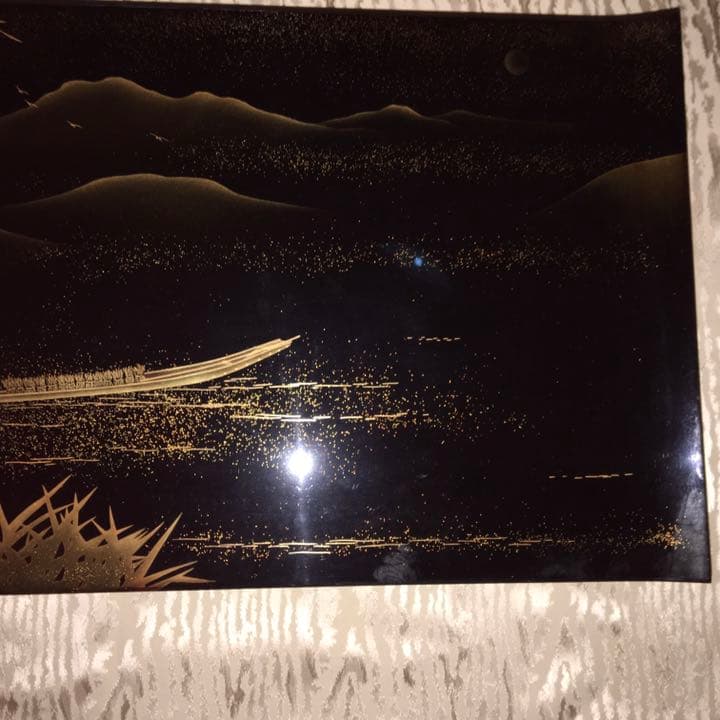 美品　輪島塗　二段卓　蒔絵山水曳船図