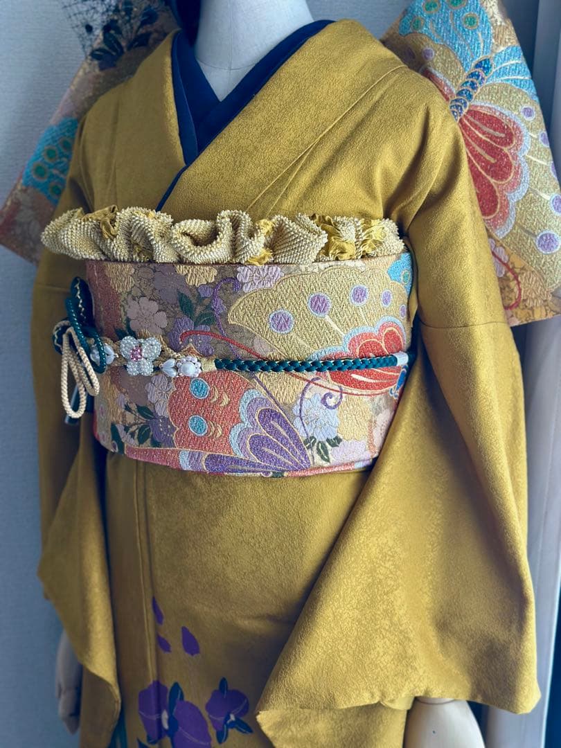 振袖 イエロー 花柄　フルセット