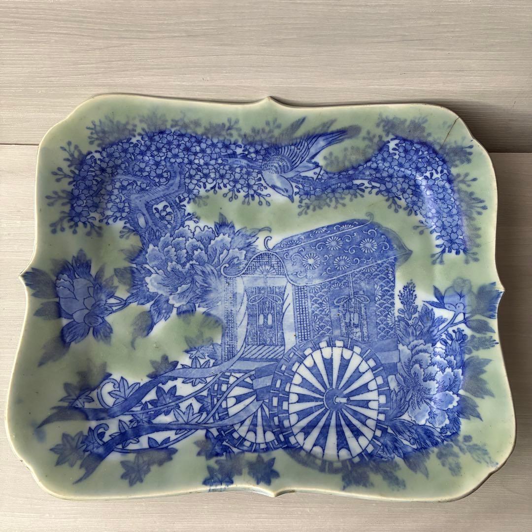 時代物 印判皿 特大皿　御所車 牡丹 枝垂れ桜 縁起物 骨董 大皿　金継ぎ用