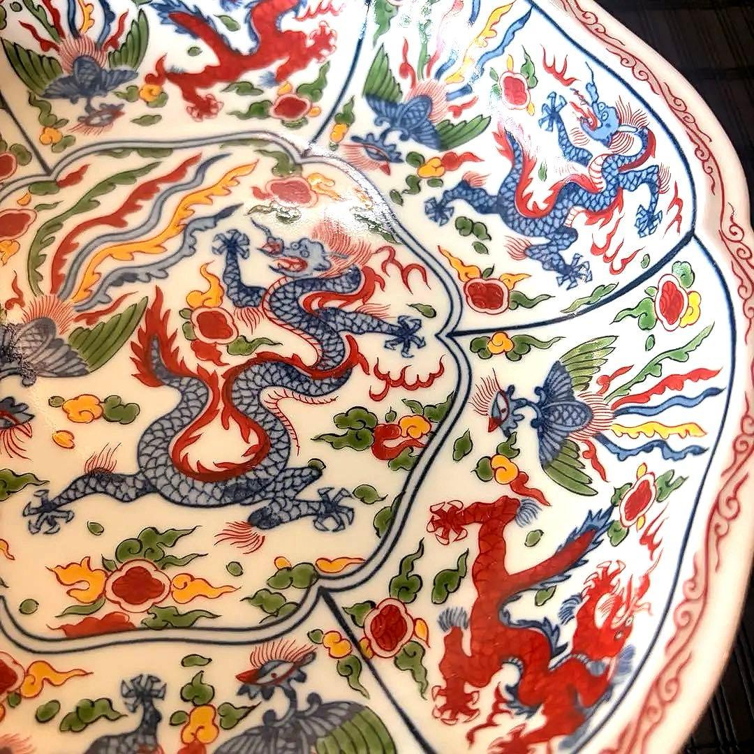 【未使用保管品】【弥左衛門窯】【古伊万里】染錦輪花盛鉢 龍 鳳凰紋 大皿