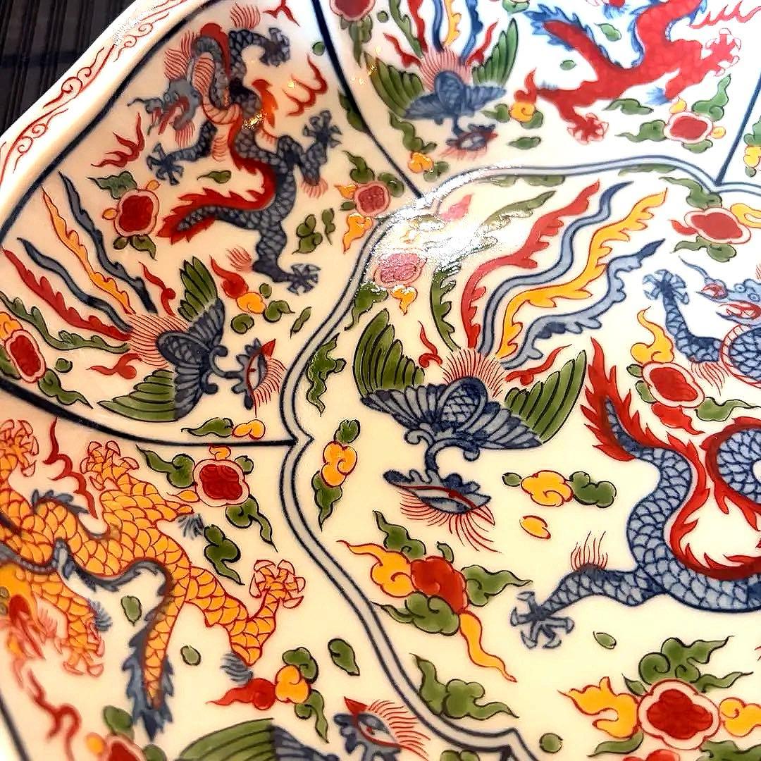 【未使用保管品】【弥左衛門窯】【古伊万里】染錦輪花盛鉢 龍 鳳凰紋 大皿