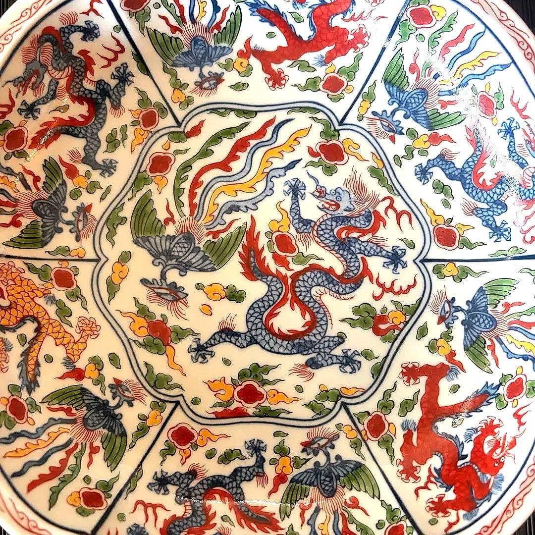 【未使用保管品】【弥左衛門窯】【古伊万里】染錦輪花盛鉢 龍 鳳凰紋 大皿