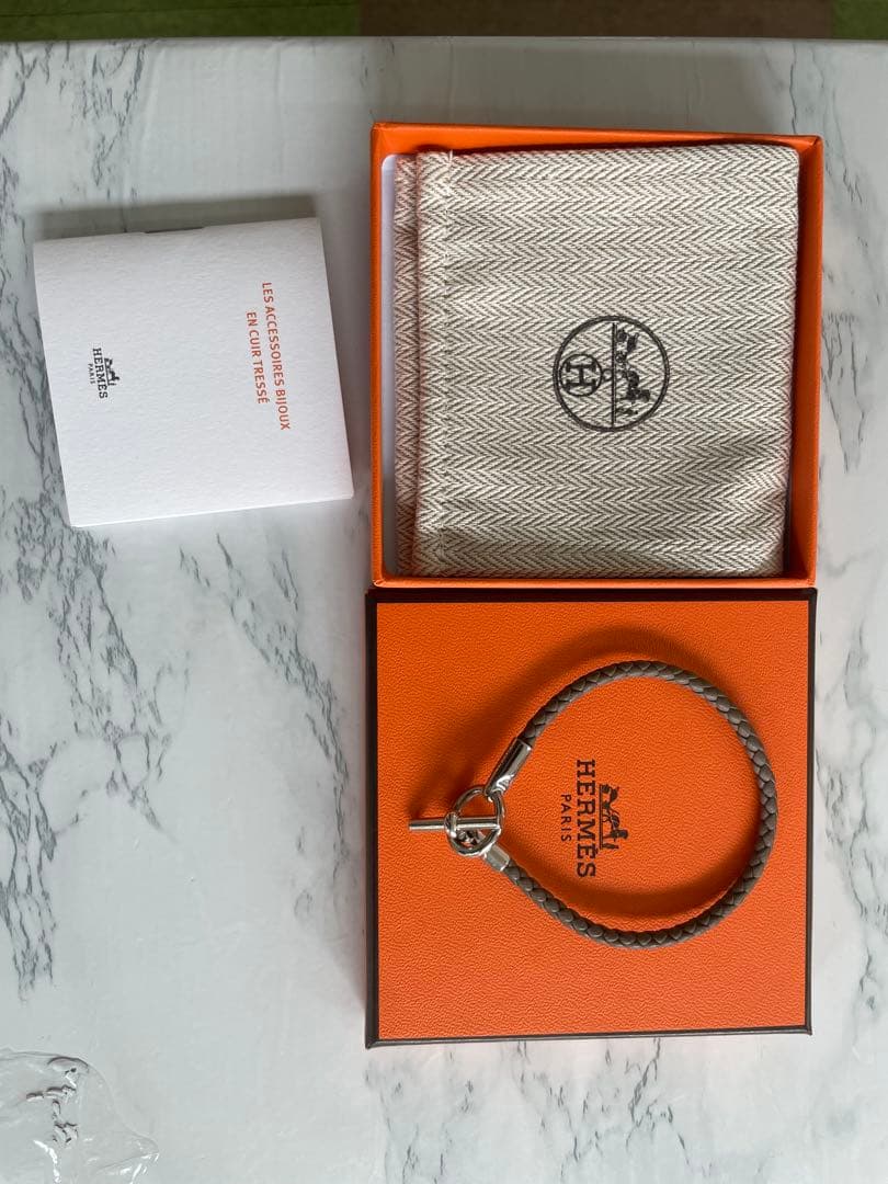HERMES グレナン ブレスレット グレー×シルバー金具 レザー エトゥープ