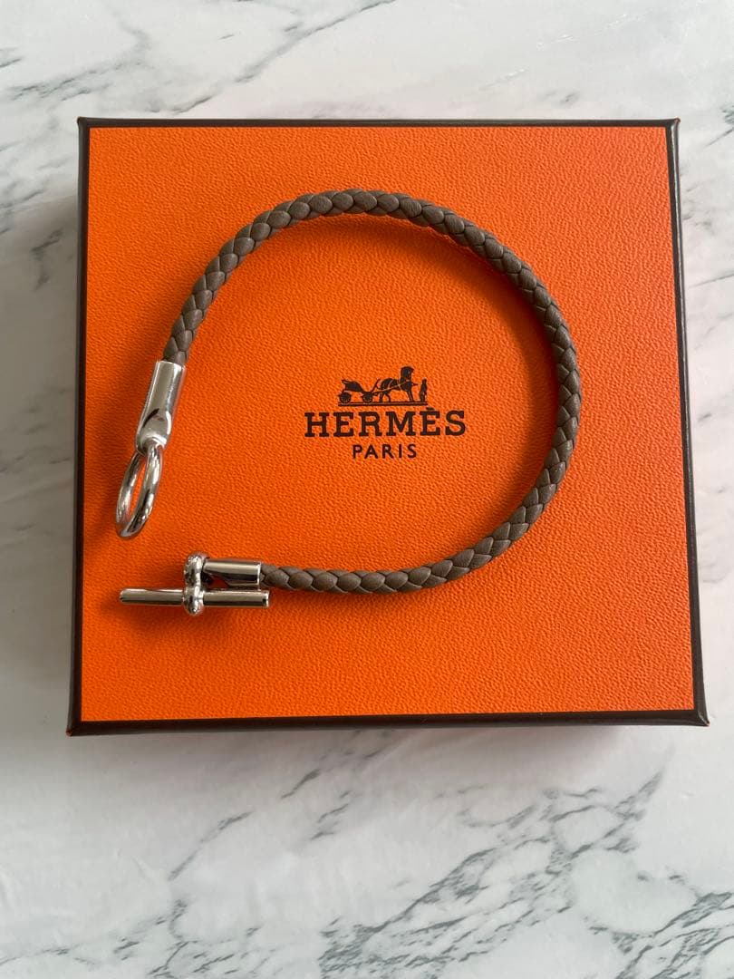 HERMES グレナン ブレスレット グレー×シルバー金具 レザー エトゥープ